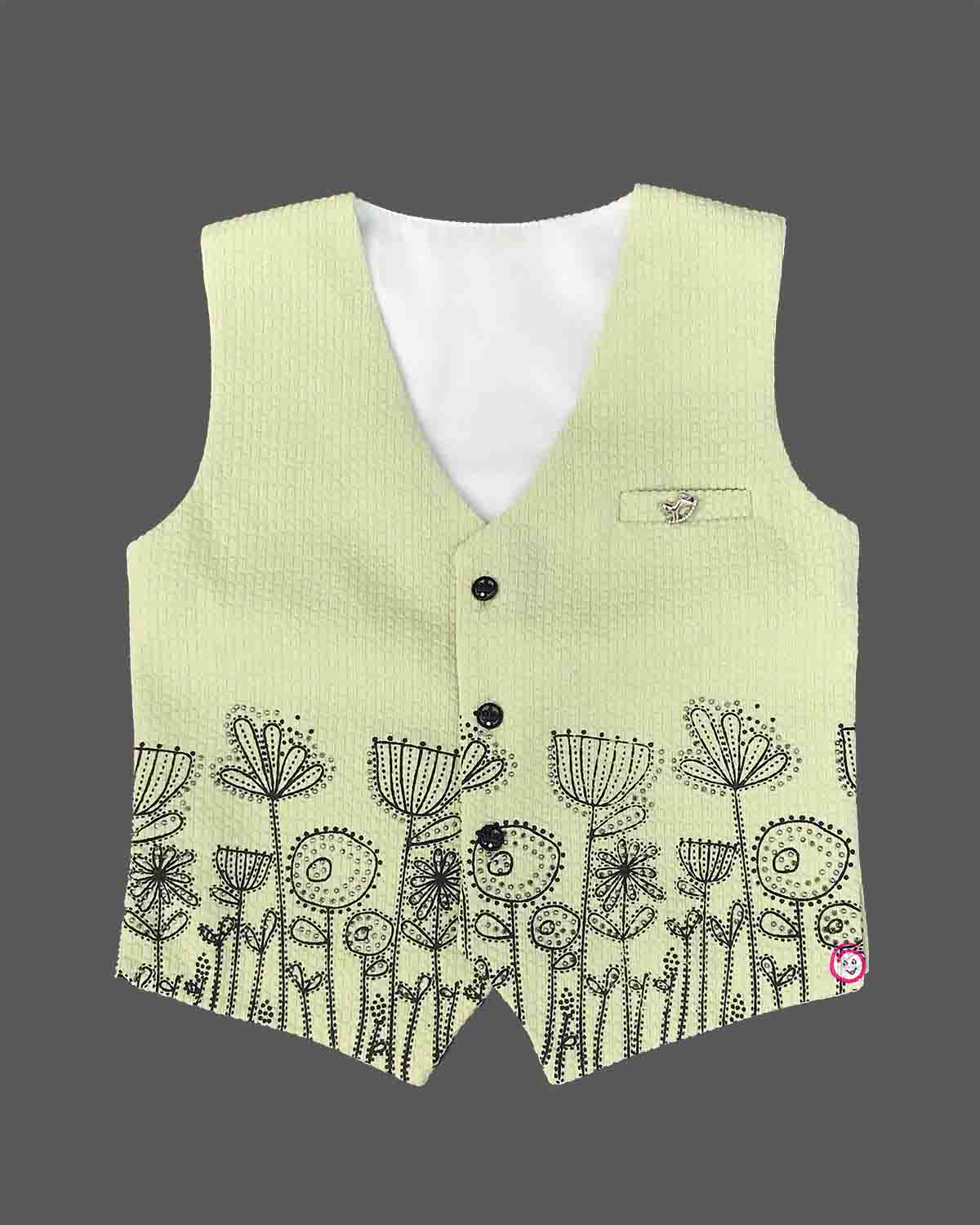 Charming icon botanical sketch printed waistcoat suit set with shirt Pant and bow tie for boys