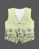 Charming icon botanical sketch printed waistcoat suit set with shirt Pant and bow tie for boys