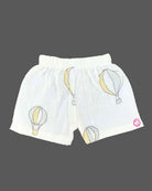 Boys 2-piece cotton casual co-ord set featuring a short-sleeve collared printed shirt and matching shorts in white with pastel yellow and grey hot air balloon prints