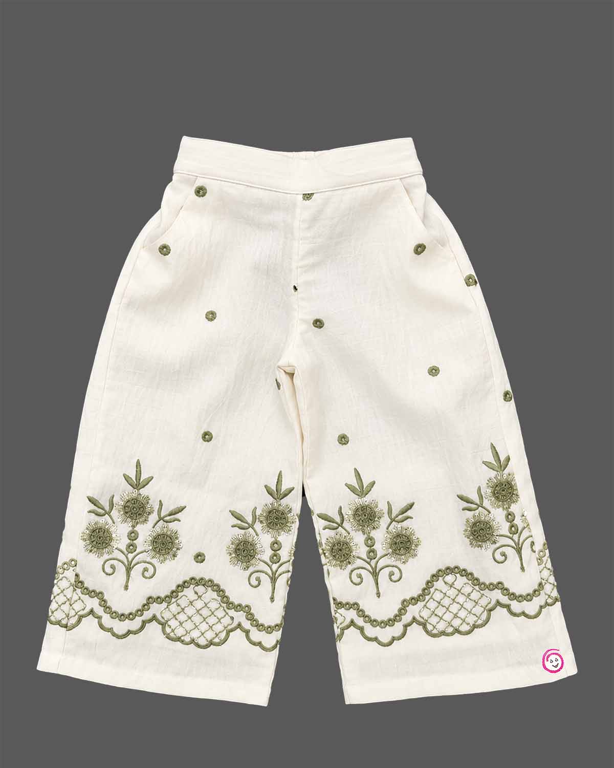 Toddler girls embroidered top and trouser set with statement puff sleeves for festive parties