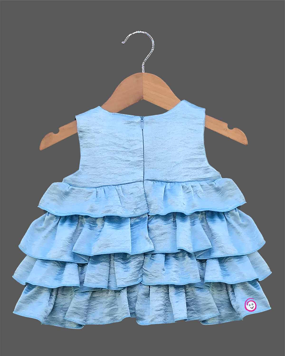 Light blue tiered ruffled baby girl party wear frock with butterfly applique for birthdays, weddings, and special occasions