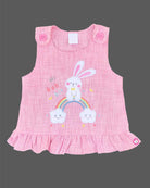 Pink checkered rabbit rainbow Candy House baby girl cotton knit dress for birthdays, playdates, and everyday casual wear