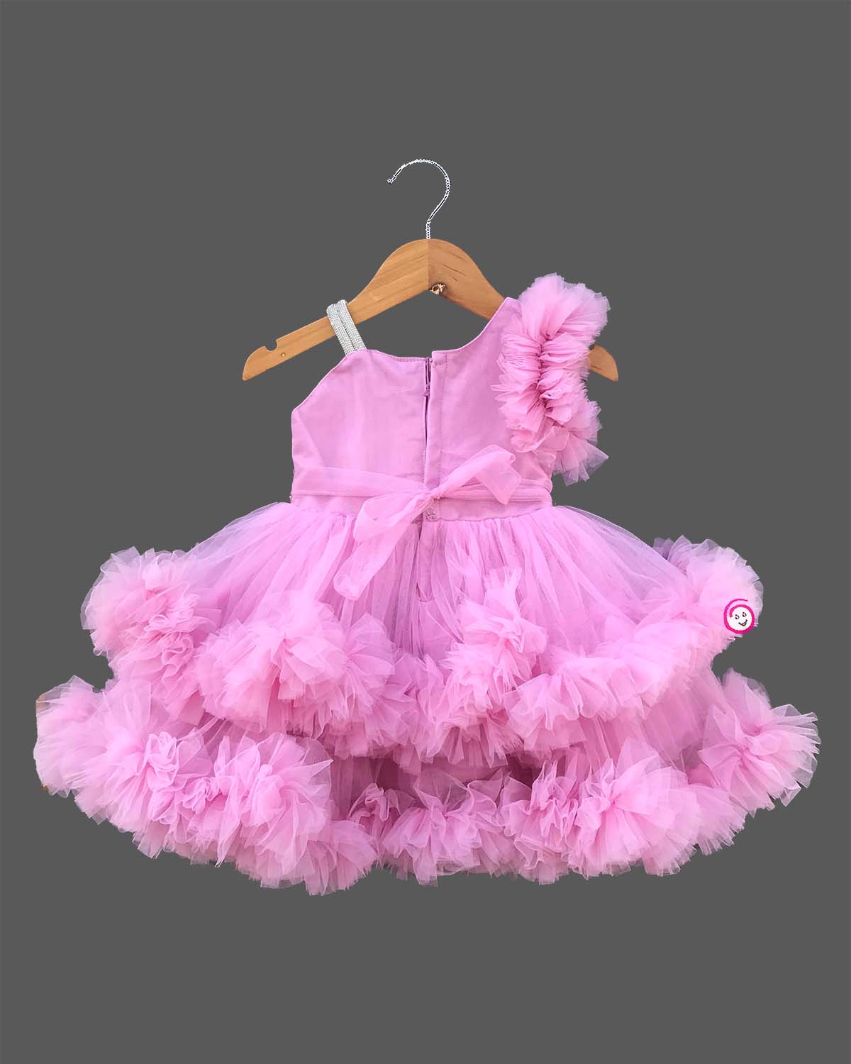 Baby girl designer high low tail frock with tiered net ruffles and sequin embroidery