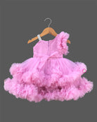 Baby girl designer high low tail frock with tiered net ruffles and sequin embroidery