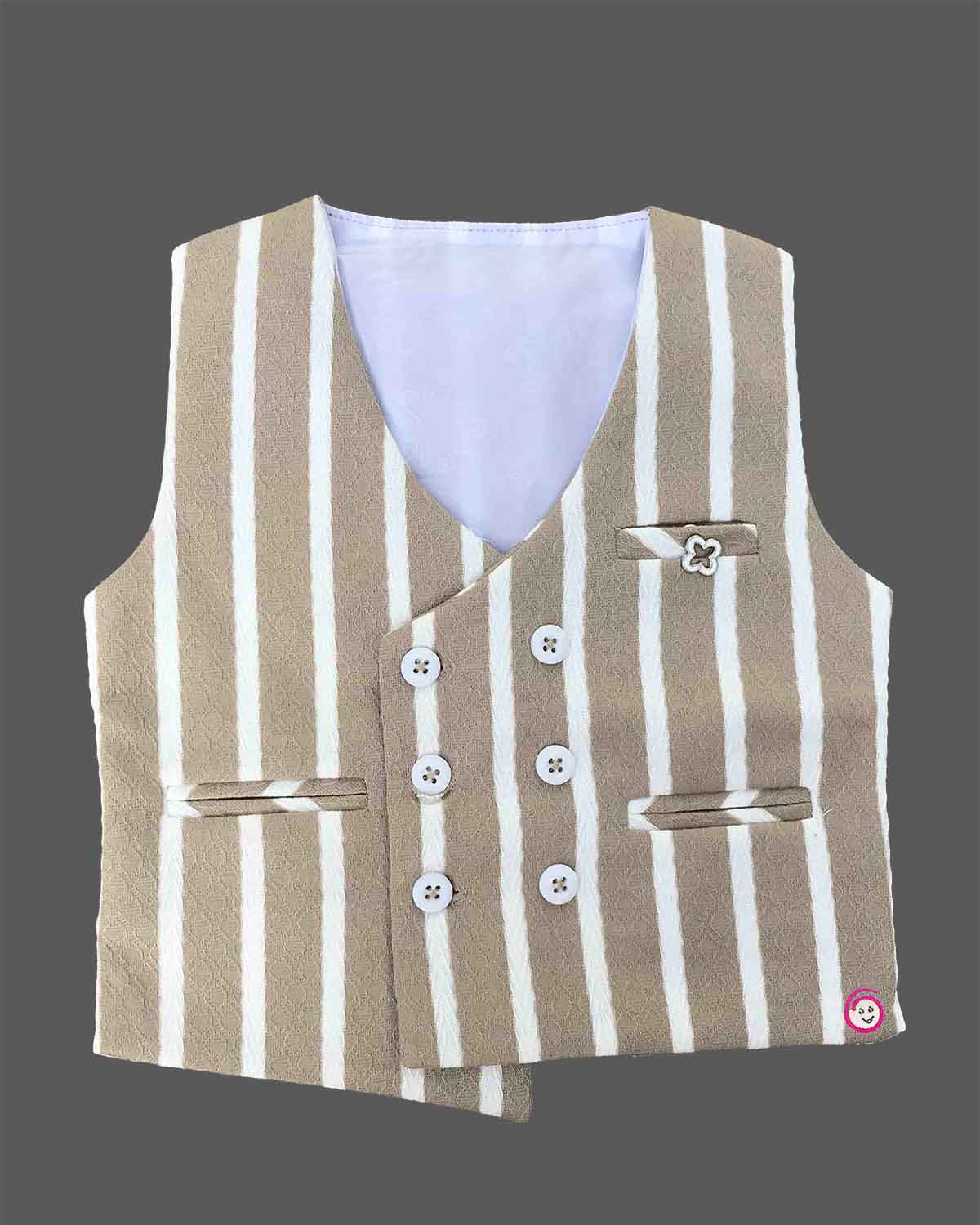 Beige striped waistcoat suit set with white shirt and bow tie for toddler boys