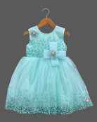 Girls sequined net fit-and-flare frock with floral embellishments and bow applique for birthday parties