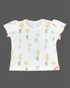 Peach baby girl cotton knit pinafore dress with bunny embroidery and white frill sleeve floating bear balloon print top
