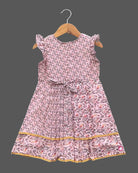 Girls printed frill sleeve casual frock - Baby Pink