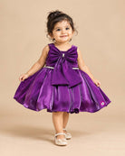 Baby party wear dress featuring a sleeveless satin fit and flare silhouette with front oversized bow and booties set.