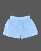 Boys 2-piece cotton casual set featuring a short-sleeve pastel pink, yellow, and blue striped shirt with matching solid sky blue elastic-waist shorts