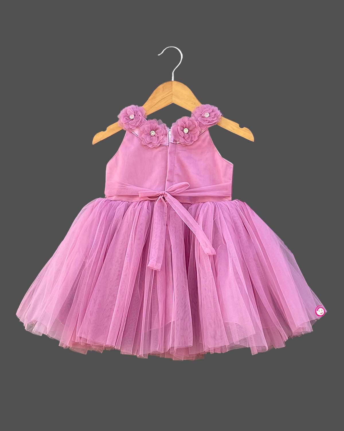 Girls attractive color with floral design party frock - Rose Pink