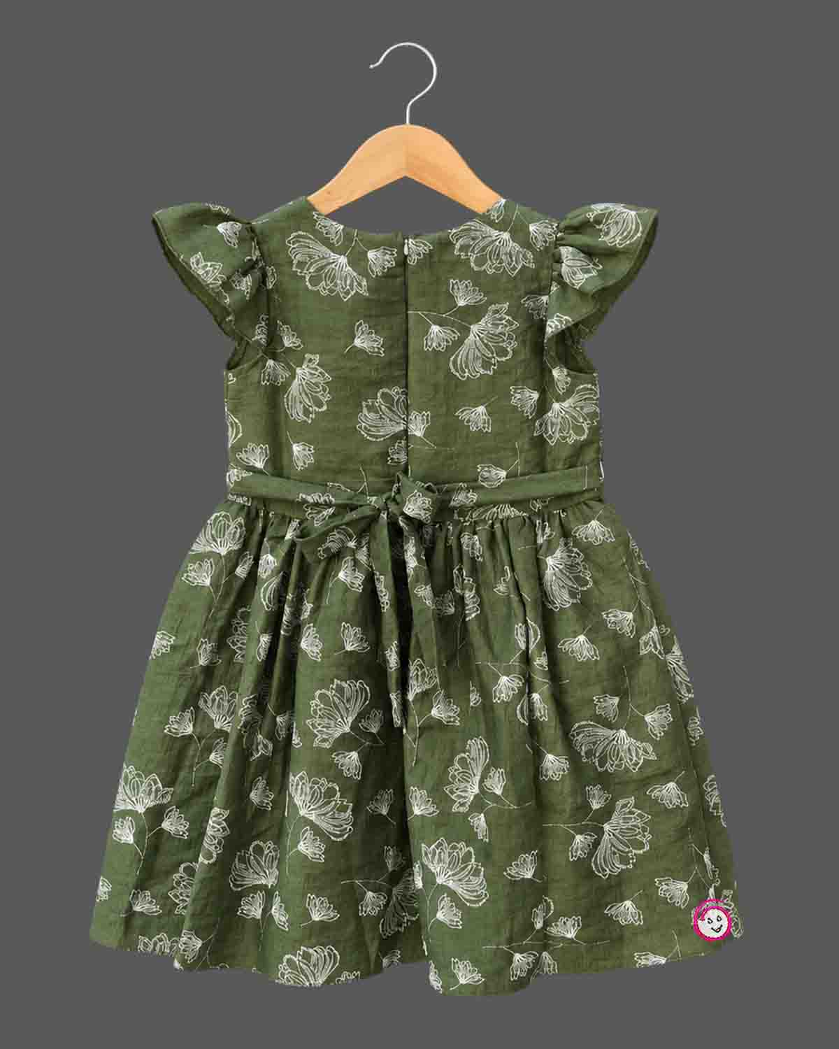 Cotton Frock For Baby Girl With Flutter Sleeves, V-Neck, Gathered Waist And Floral Outline Print
