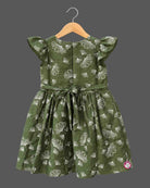 Cotton Frock For Baby Girl With Flutter Sleeves, V-Neck, Gathered Waist And Floral Outline Print