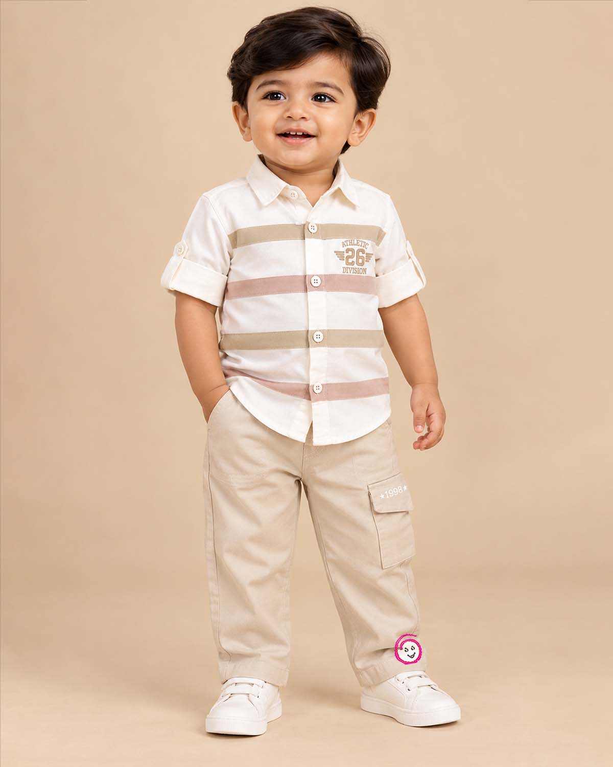 Shirt and pant set featuring a button-down collar and horizontal stripes for toddlers