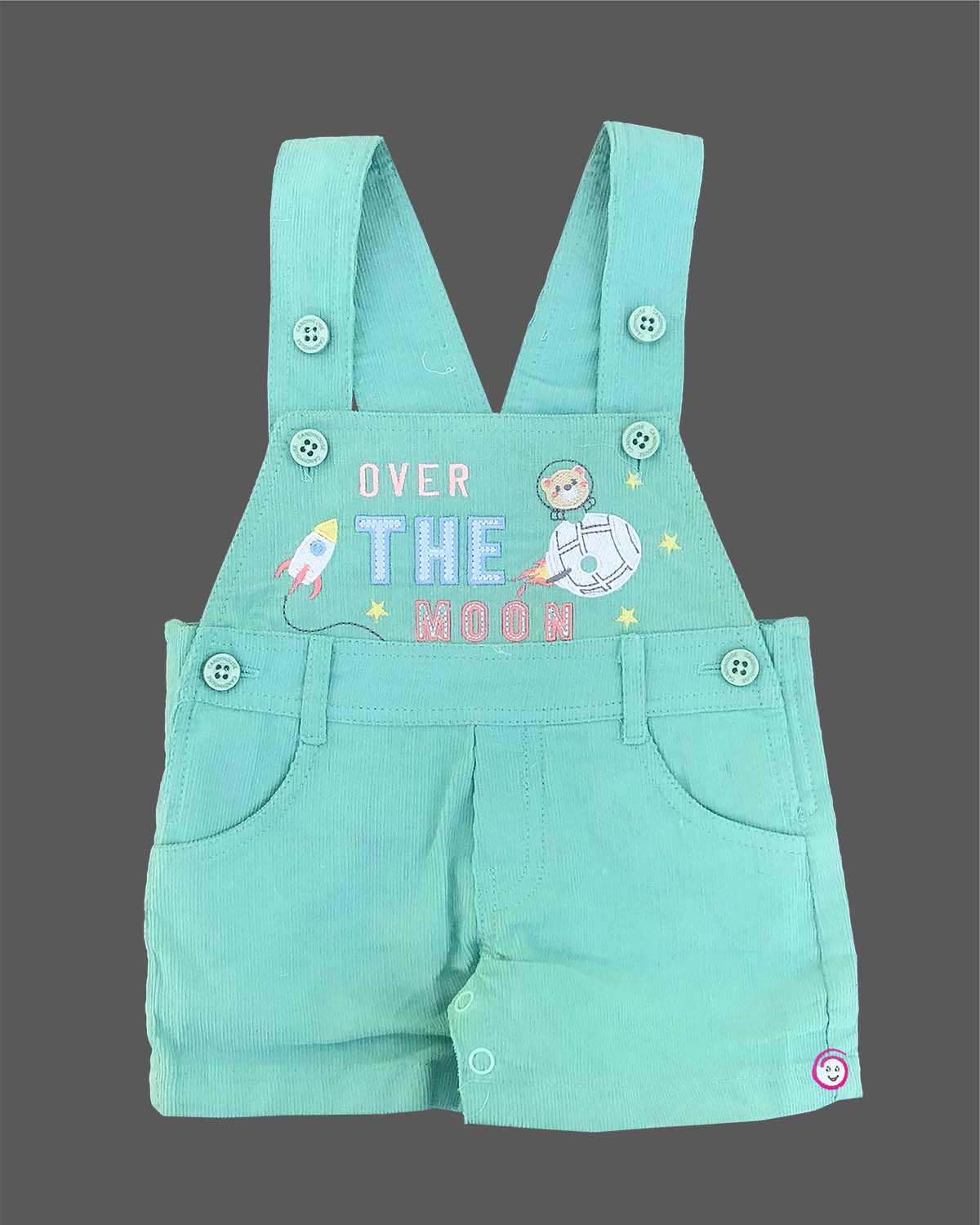 Mint green unisex premium corduroy baby dungaree set with Over The Moon rocket embroidery and white planet print short sleeve t-shirt