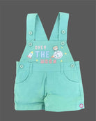 Mint green unisex premium corduroy baby dungaree set with Over The Moon rocket embroidery and white planet print short sleeve t-shirt
