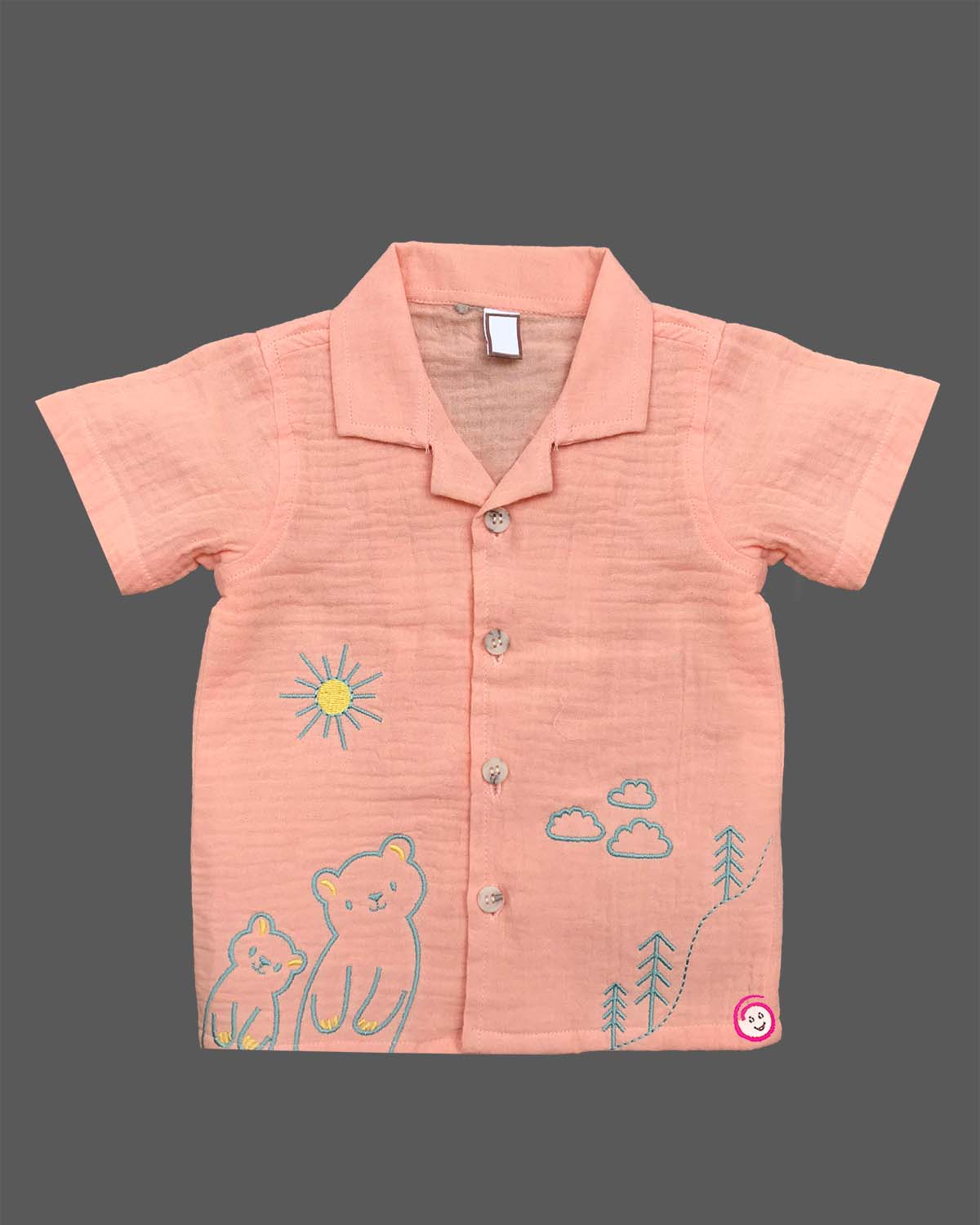 Peach embroidered muslin cotton  baby boy top and shorts set for summer vacations, playdates, and park outings