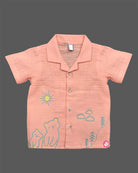 Peach embroidered muslin cotton  baby boy top and shorts set for summer vacations, playdates, and park outings