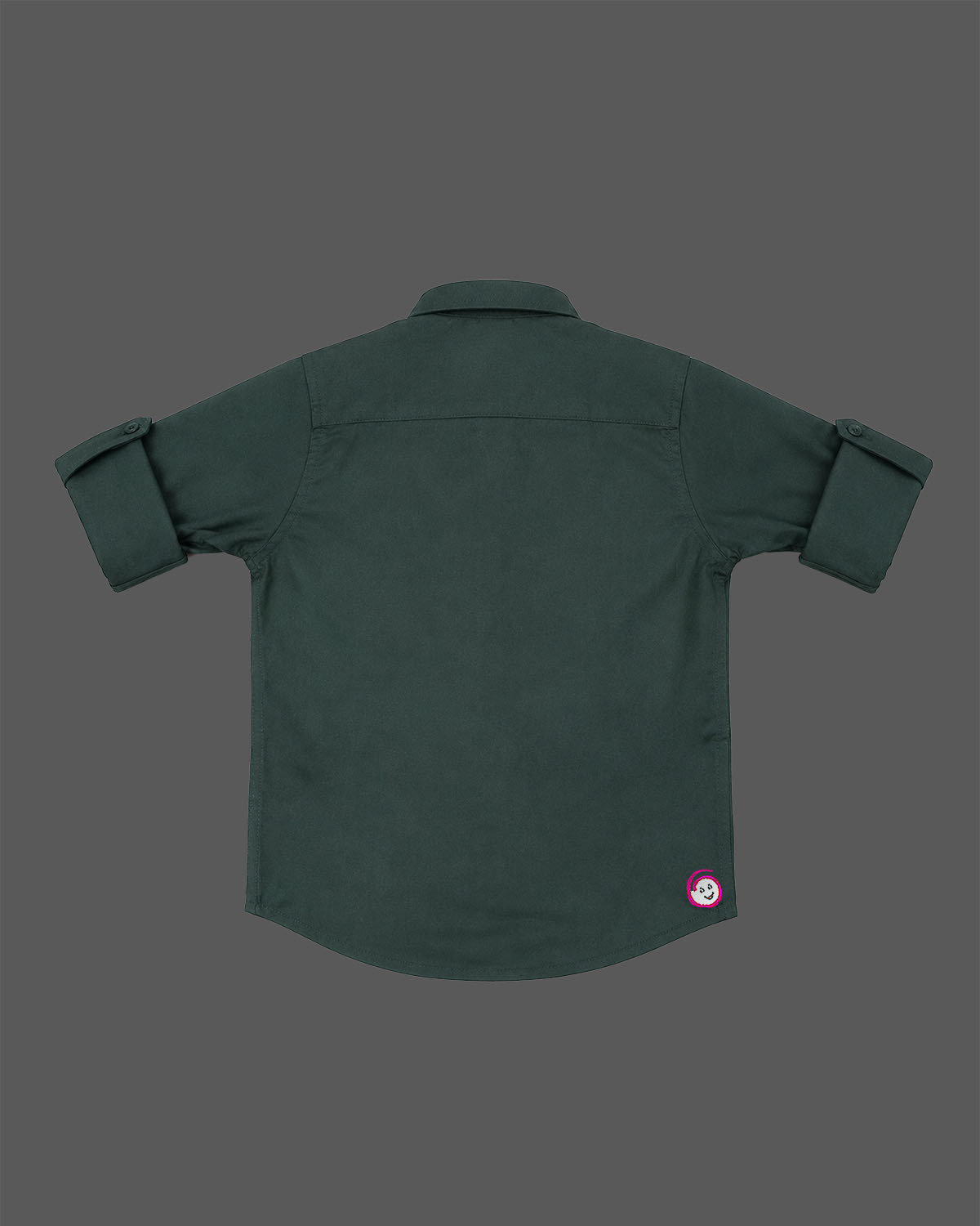 Front view of a smart collared casual shirt for toddler boys featuring roll-up sleeves and button closures against a solid background.