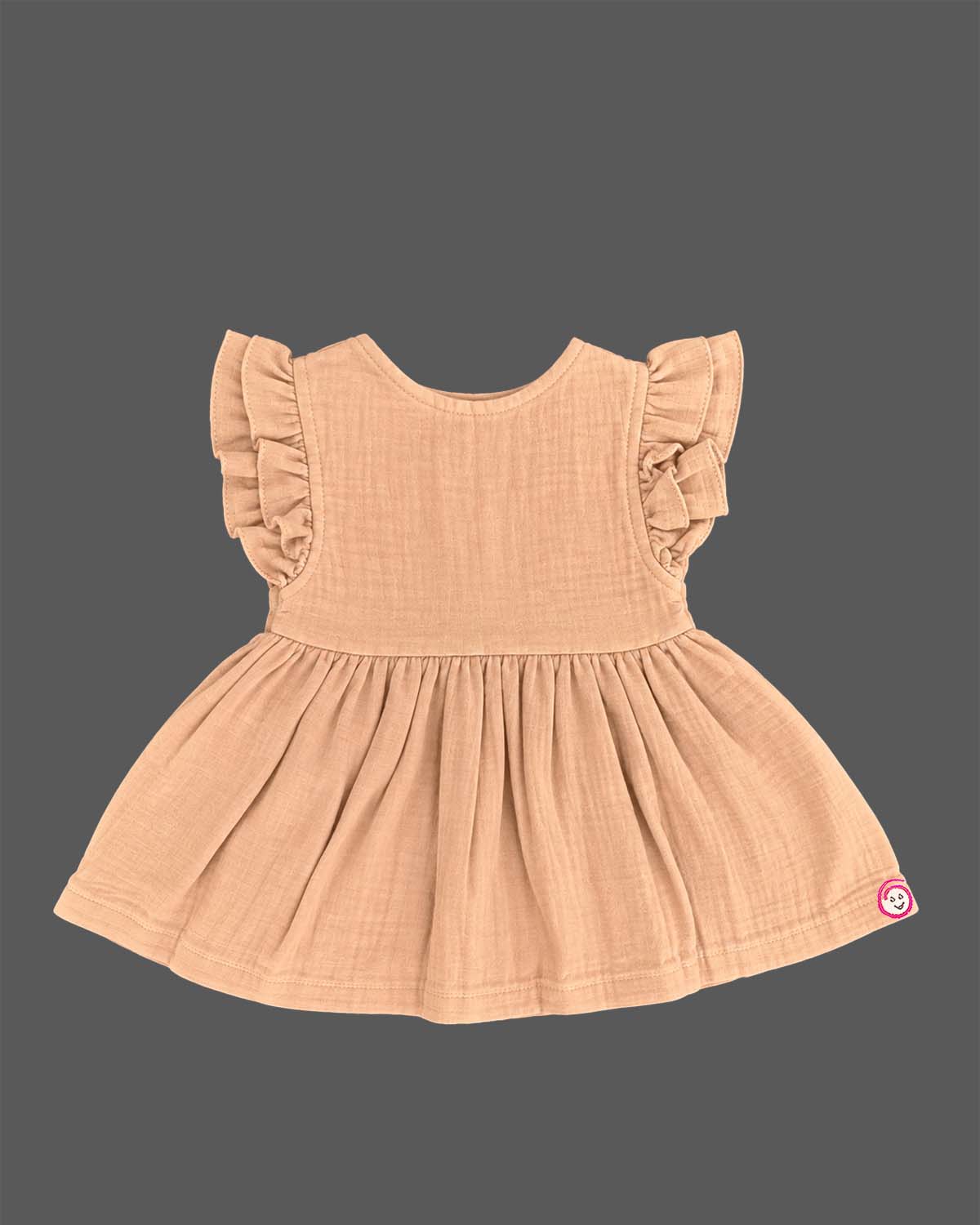 Infants frock with front button placket, floral embroidery, and frill sleeves for girls