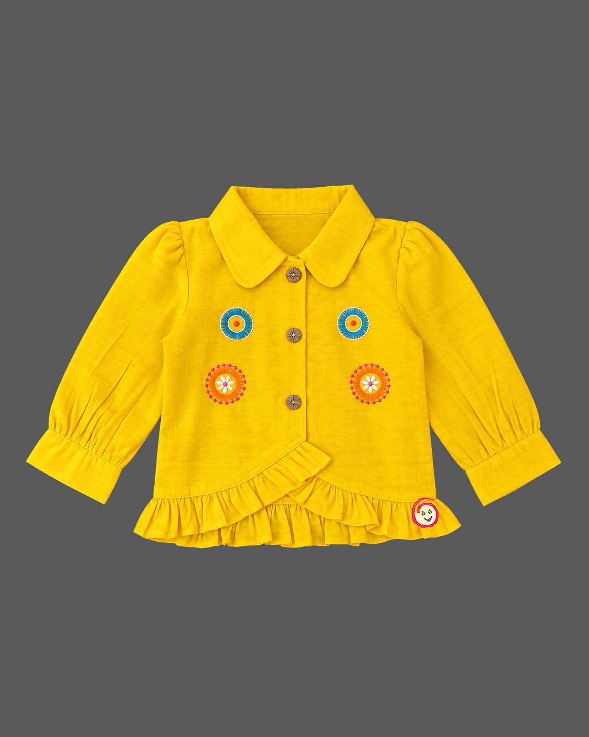 Embroidered peplum top and wide-leg pants co-ord set representing a kurti for kids with front button closures.