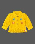 Embroidered peplum top and wide-leg pants co-ord set representing a kurti for kids with front button closures.