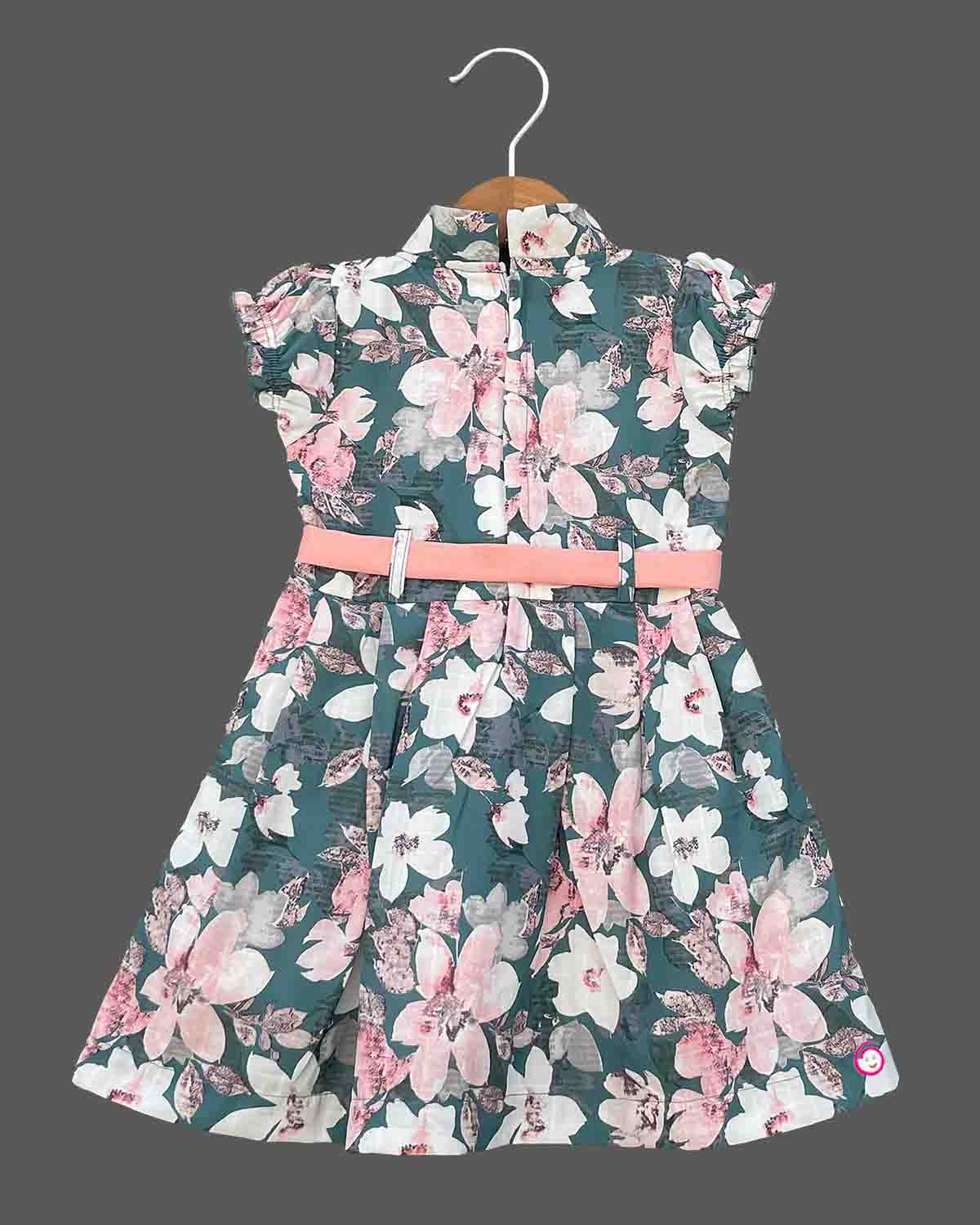 Girls floral printed sleeveless casual frock - Green