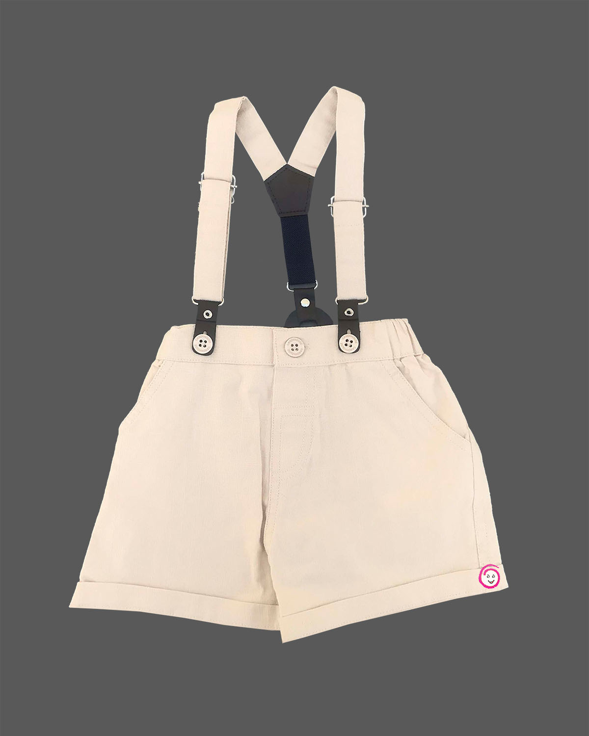 Trending baby boy mandarin collar top with all over teddy print paired with smart casual adjustable suspender shorts set for toddler birthday clothing