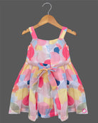 Pink yellow blue baby girl printed cotton frock with floral waist appliqués