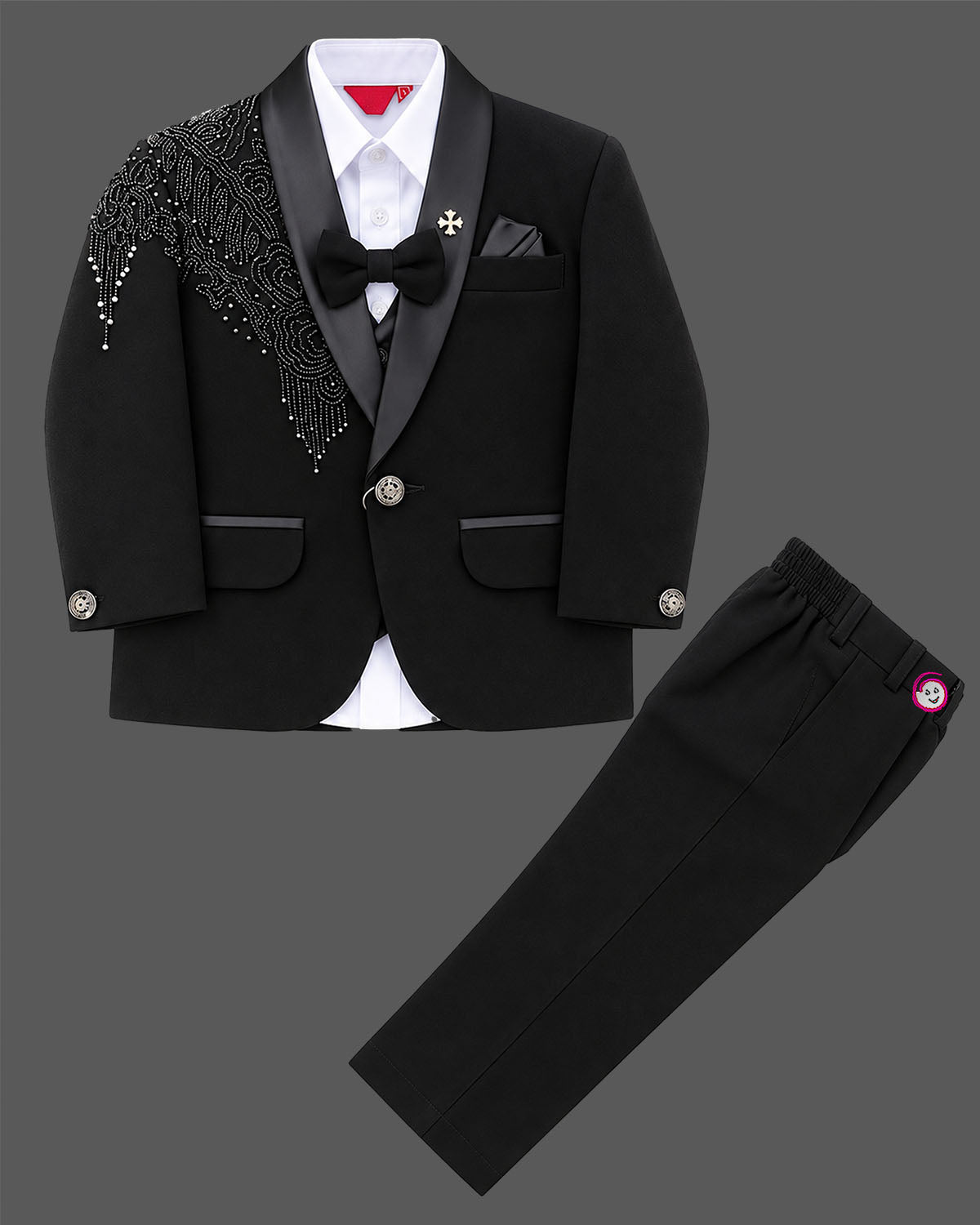 Boys black embellished tuxedo suit set with blazer trousers and bow tie