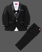 Boys black embellished tuxedo suit set with blazer trousers and bow tie