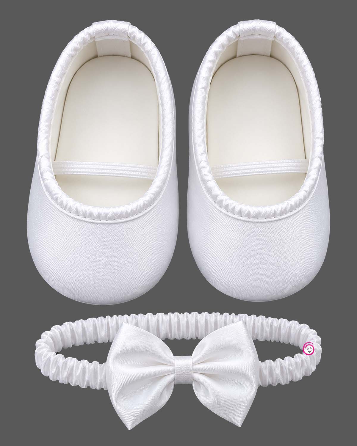 Kids party wear satin A-line frock with large rosette flower accents, matching headband, and soft booties set.