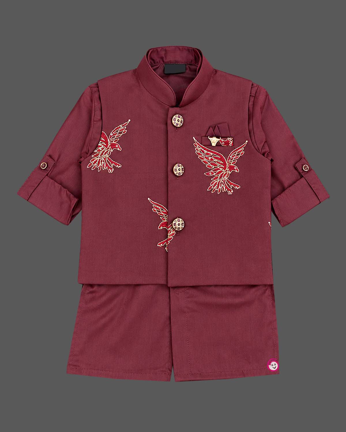 Kids sherwani set featuring embroidered eagle motifs and mandarin collar for boys ethnic wear