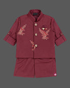 Kids sherwani set featuring embroidered eagle motifs and mandarin collar for boys ethnic wear