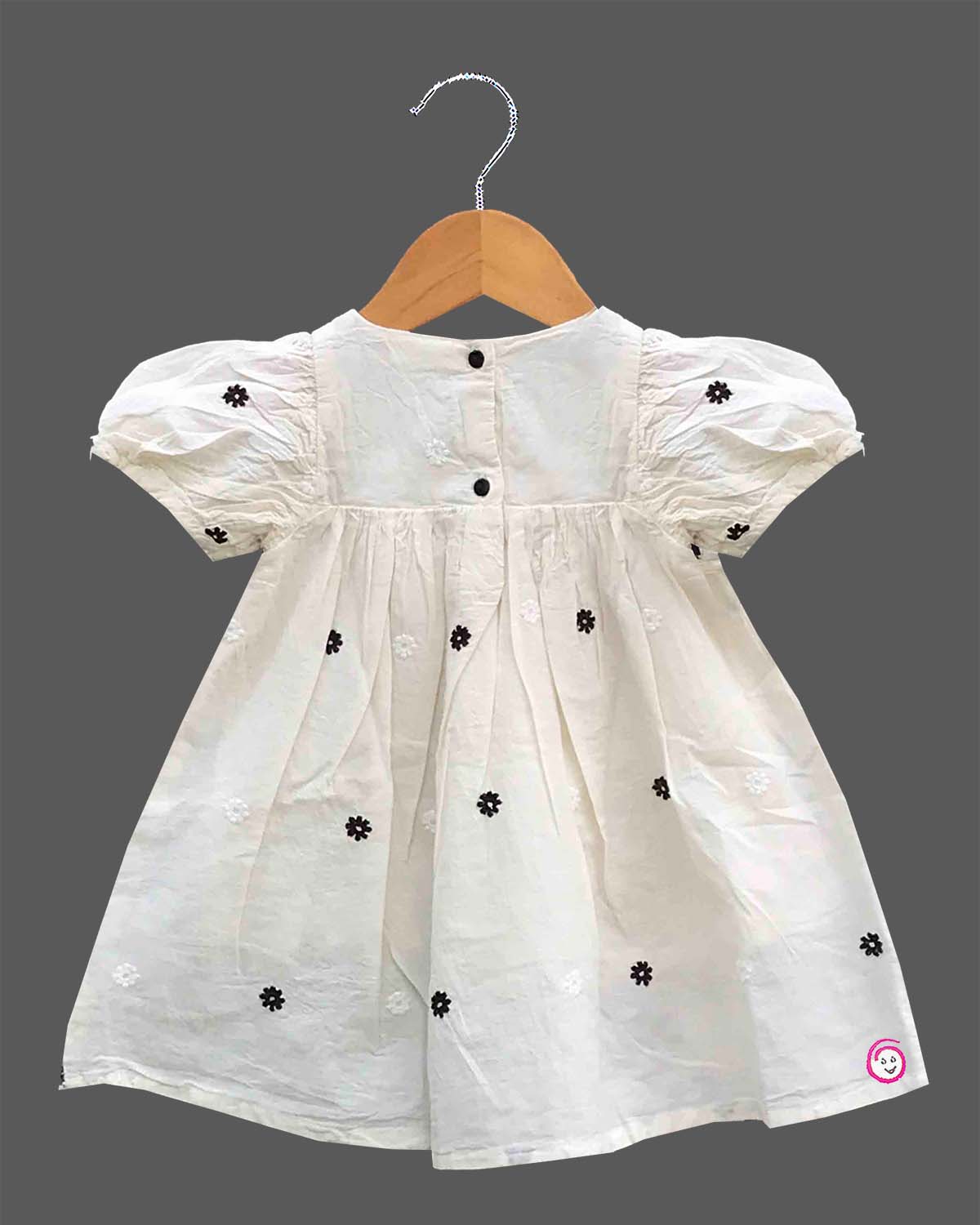 Baby girl floral embroidered casual cotton frock with puff sleeves