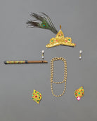 Infant Krishna dress featuring silk dhoti patka sash mukut with peacock feather flute and necklace