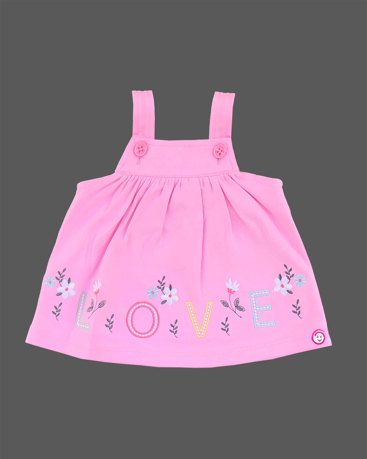 Pink and white floral candy house knitted cotton pinafore dress set with LOVE embroidery for birthdays, playdates, and family outings
