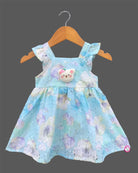 Little princess floral cotton casual frock with flutter sleeves, bear applique, and eyelet detailing for comfortable everyday kids fashion