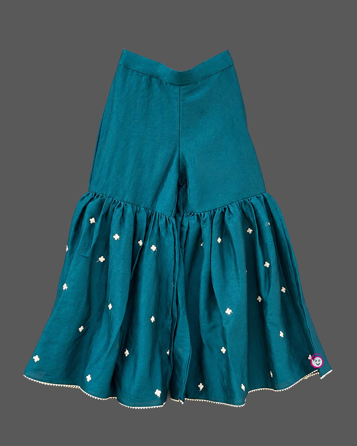 Embroidered tunic kids sharara set with square neckline, tiered flared pants, and sheer dupatta