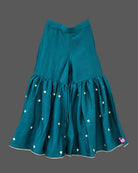 Embroidered tunic kids sharara set with square neckline, tiered flared pants, and sheer dupatta