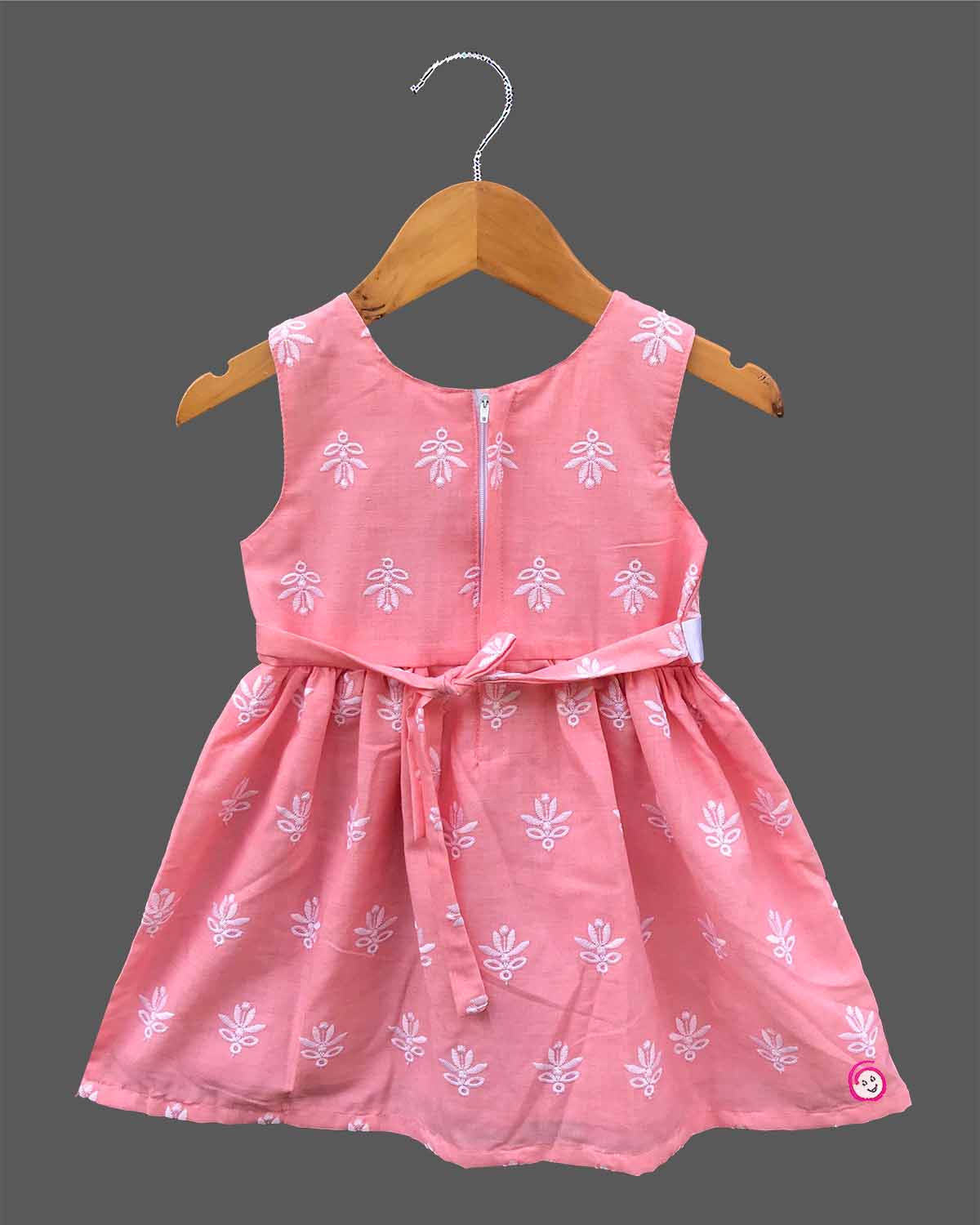Sleeveless Cotton Embroidered Casual Frock with Pearl Bow Detail for Kids