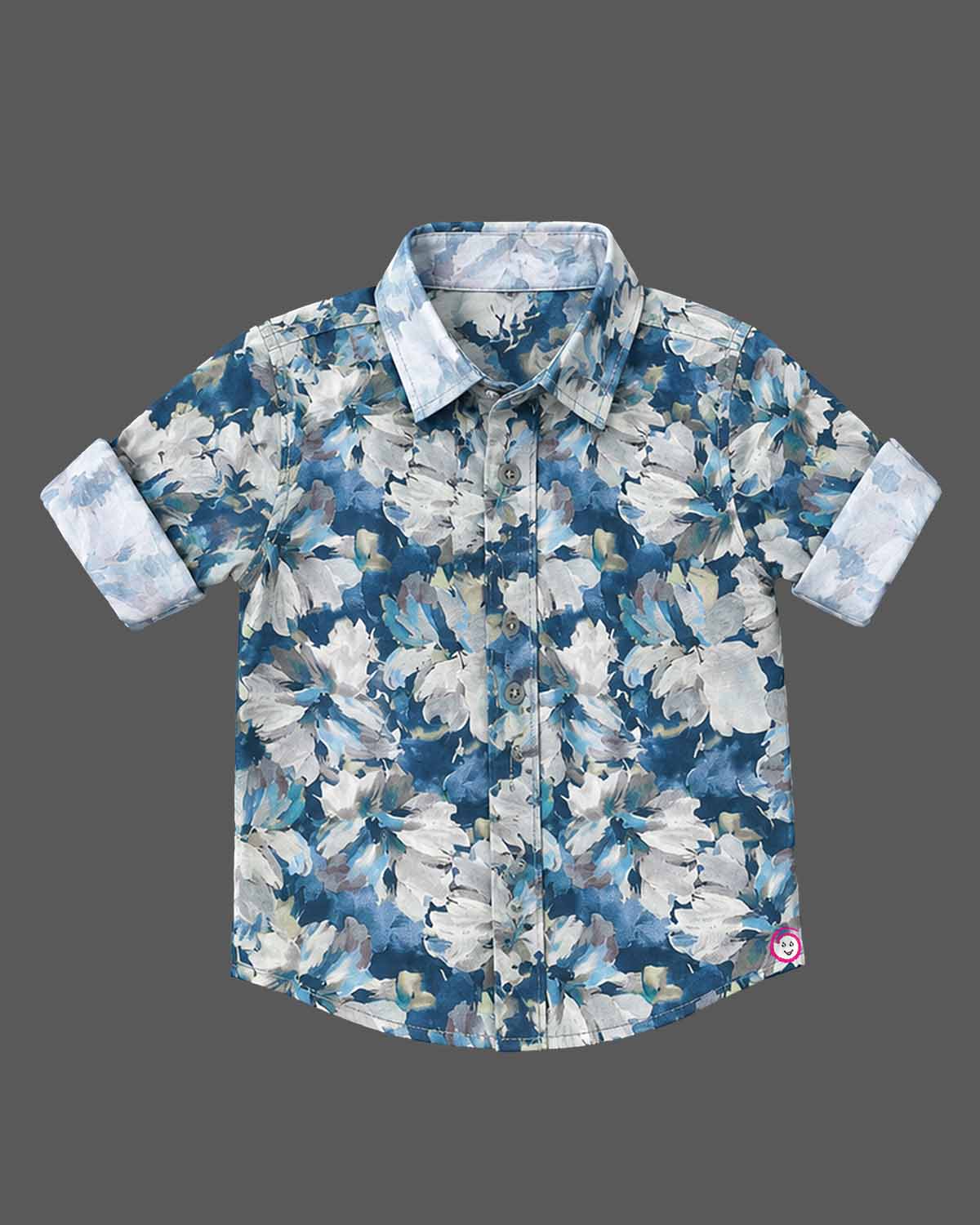 Boys party wear floral printed shirt with spread collar and roll-up sleeves for kids event celebrations.