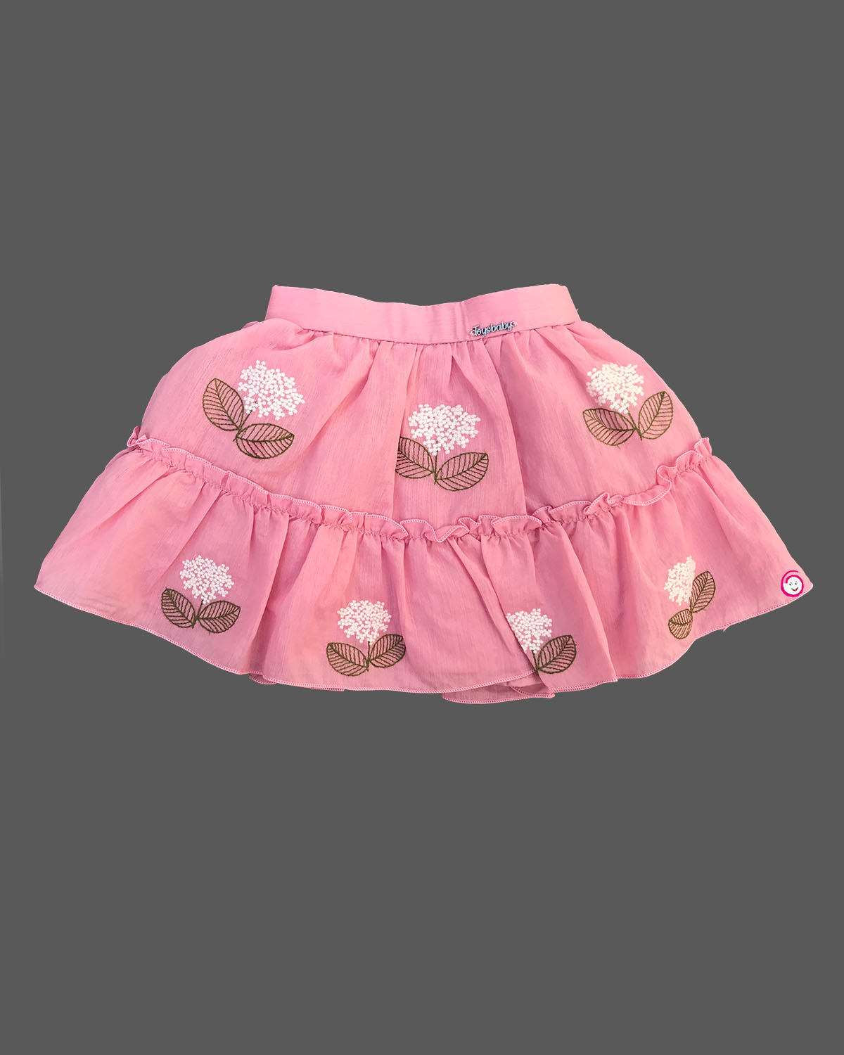 Textured floral applique blouson top paired with embroidered tiered skirt baby party wear dress.