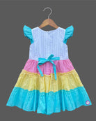Multicolor pink yellow blue white cotton tiered frock with frill sleeve