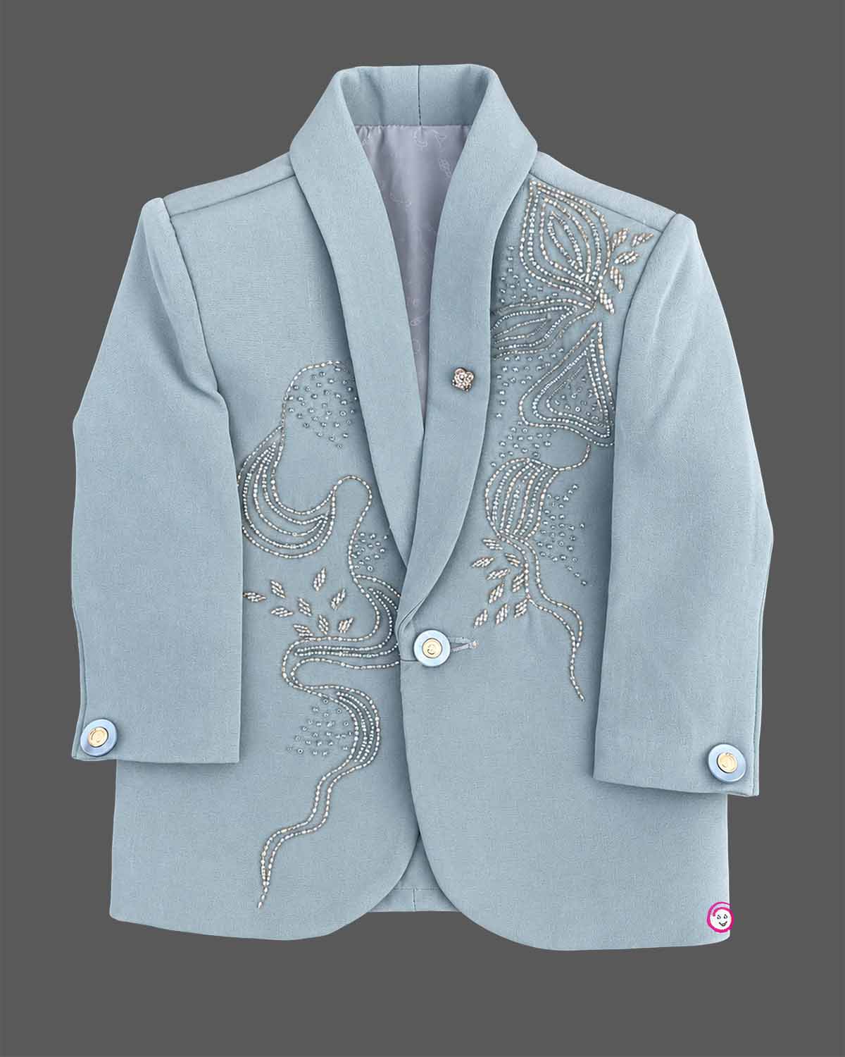 Boys embroidered formal suit set with rhinestone beadwork blazer vest and matching pant.