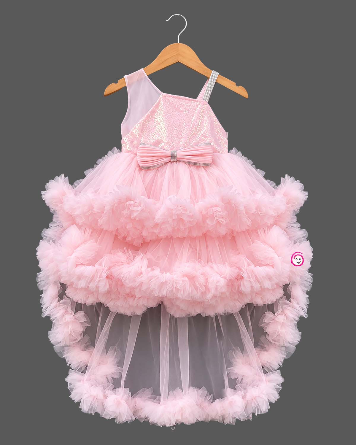 Sequin high-low tiered ruffle gown baby party wear dress featuring asymmetrical strap and front bow
