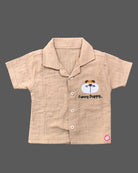 Beige textured cotton button-down top and shorts set with puppy embroidery baby boy top and shorts set for summer vacations, playdates, and park outings