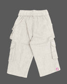 Smart casual cargo pant for young gentleman with multiple flap pockets, elasticized waist, button fastening, and logo badge patch.