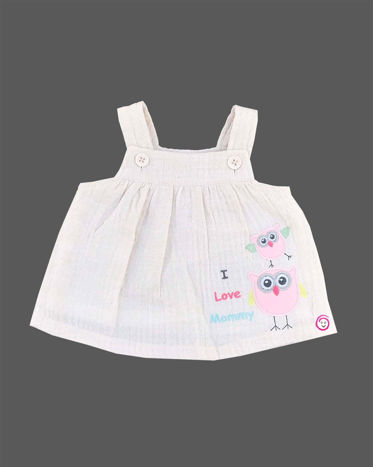 White pink owl print t-shirt and off-white owl embroidered Candy House girls knitted cotton pinafore dress for everyday casual wear and playtime