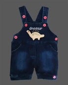 Trendy little gentleman dinosaur printed tee with embroidered denim bib shorts set for kids